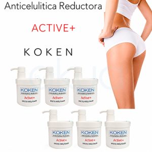 Expositor de 6 Tarros de Crema Anticelulítica Reductora Active+ Koken. Imagen promocional de un tratamiento anticelulítico. En la parte superior aparece el texto «Anticelulítica Reductora Active+» junto al logotipo de la marca KOKEN. A la derecha se muestra la imagen parcial de una mujer de espaldas, vestida con ropa interior blanca, destacando la zona de caderas y glúteos. En la parte inferior se presentan seis envases blancos con dispensador del producto KOKEN Active+, distribuidos en dos filas. Las etiquetas indican «Anticelulítica Reductora» y «Efecto frío/calor». El fondo es blanco y el diseño tiene un estilo limpio y orientado a la estética profesional. H2o Akua