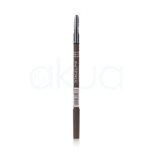 Lapiz y cepillo de cejas Stageline. Lápiz para cejas de color marrón con diseño de doble función, presentado en posición vertical sobre fondo blanco. En un extremo incorpora una mina para definir y rellenar las cejas, mientras que en el otro dispone de un cepillo tipo goupillon con tapa transparente para peinar y difuminar el producto. En el cuerpo del lápiz aparece el nombre de la marca Stageline en letras blancas. H2o Akua