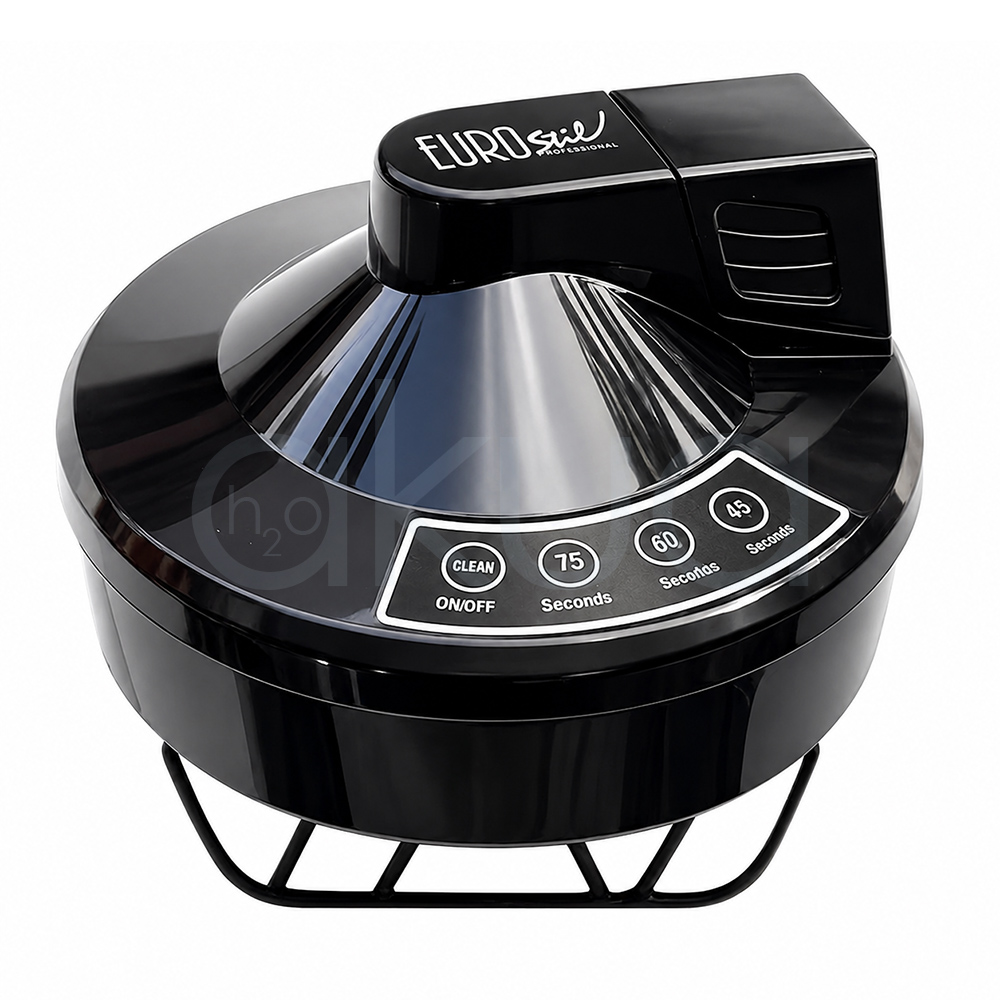 Motor batidor mezclador tintes Eurostil. Motor batidor mezclador de tintes Eurostil de color negro con acabado brillante, fotografiado sobre fondo blanco. El equipo presenta un diseño circular con una base elevada mediante soporte metálico. En la parte superior incorpora el logotipo Eurostil y un panel de control con botón de encendido y programas de mezcla temporizados de 45, 60 y 75 segundos. Su diseño compacto está pensado para mezclar tintes y otros productos de peluquería de forma automática y uniforme.. H2o Akua