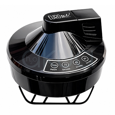 Motor batidor mezclador tintes Eurostil. Motor batidor mezclador de tintes Eurostil de color negro con acabado brillante, fotografiado sobre fondo blanco. El equipo presenta un diseño circular con una base elevada mediante soporte metálico. En la parte superior incorpora el logotipo Eurostil y un panel de control con botón de encendido y programas de mezcla temporizados de 45, 60 y 75 segundos. Su diseño compacto está pensado para mezclar tintes y otros productos de peluquería de forma automática y uniforme.. H2o Akua