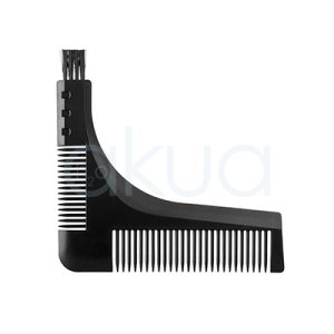 Peine guia barba bigote barber line Peine guía profesional para barba y bigote fabricado en plástico negro. Su diseño en forma de escuadra o ángulo recto permite perfilar con precisión líneas rectas, contornos y simetrías durante el arreglo facial. En la parte inferior incorpora púas finas para peinar y alinear el vello, mientras que en el lateral incluye una pequeña sección de peine de dientes más juntos y un cepillo compacto para distribuir y acomodar la barba o el bigote. Su formato multifunción facilita el recorte, perfilado y mantenimiento de diferentes estilos de barba. La imagen muestra el accesorio sobre un fondo claro, destacando su diseño práctico orientado a barberías y cuidado masculino. H2o Akua