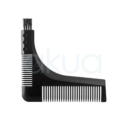 Peine guia barba bigote barber line Peine guía profesional para barba y bigote fabricado en plástico negro. Su diseño en forma de escuadra o ángulo recto permite perfilar con precisión líneas rectas, contornos y simetrías durante el arreglo facial. En la parte inferior incorpora púas finas para peinar y alinear el vello, mientras que en el lateral incluye una pequeña sección de peine de dientes más juntos y un cepillo compacto para distribuir y acomodar la barba o el bigote. Su formato multifunción facilita el recorte, perfilado y mantenimiento de diferentes estilos de barba. La imagen muestra el accesorio sobre un fondo claro, destacando su diseño práctico orientado a barberías y cuidado masculino. H2o Akua