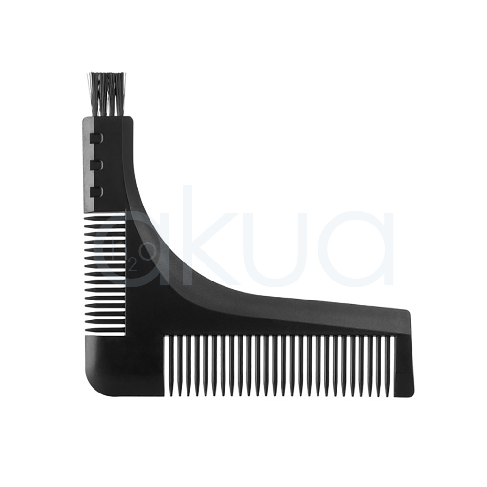 Peine guia barba bigote barber line Peine guía profesional para barba y bigote fabricado en plástico negro. Su diseño en forma de escuadra o ángulo recto permite perfilar con precisión líneas rectas, contornos y simetrías durante el arreglo facial. En la parte inferior incorpora púas finas para peinar y alinear el vello, mientras que en el lateral incluye una pequeña sección de peine de dientes más juntos y un cepillo compacto para distribuir y acomodar la barba o el bigote. Su formato multifunción facilita el recorte, perfilado y mantenimiento de diferentes estilos de barba. La imagen muestra el accesorio sobre un fondo claro, destacando su diseño práctico orientado a barberías y cuidado masculino. H2o Akua