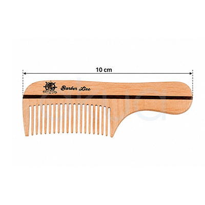 Peine para bigote Barber Line. Peine de barba y cabello fabricado en madera natural clara con acabado liso y diseño ergonómico. Presenta dientes anchos y separados, ideales para desenredar, peinar y dar forma a barbas pobladas o cabellos gruesos sin generar tirones. En la parte superior incorpora una franja decorativa oscura que recorre todo el peine de extremo a extremo y el logotipo "Barber Line" grabado junto a un emblema de estilo barbero. Sobre el peine aparece una línea de medición horizontal con flechas en ambos extremos y la indicación "10 cm", mostrando la longitud total de la pieza. H2o Akua
