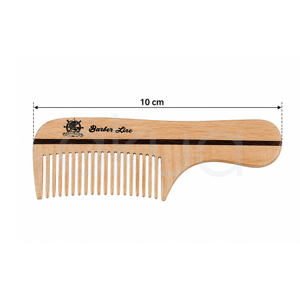 Peine para bigote Barber Line. Peine de barba y cabello fabricado en madera natural clara con acabado liso y diseño ergonómico. Presenta dientes anchos y separados, ideales para desenredar, peinar y dar forma a barbas pobladas o cabellos gruesos sin generar tirones. En la parte superior incorpora una franja decorativa oscura que recorre todo el peine de extremo a extremo y el logotipo "Barber Line" grabado junto a un emblema de estilo barbero. Sobre el peine aparece una línea de medición horizontal con flechas en ambos extremos y la indicación "10 cm", mostrando la longitud total de la pieza. H2o Akua