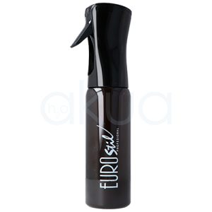 Pulverizador continuo 300ml Eurostil. Pulverizador continuo Eurostil Professional de 300 ml en color negro, presentado sobre fondo blanco. El envase cilíndrico cuenta con un diseño ergonómico de acabado brillante y un pulverizador de gatillo integrado. En la parte frontal destaca el logotipo "Eurostil Professional" en color blanco, ofreciendo una imagen moderna y profesional, ideal para peluquería y barbería. H2o Akua