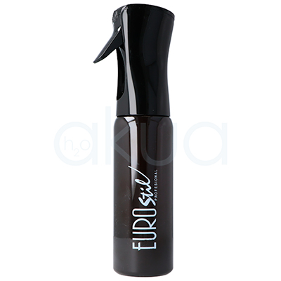 Pulverizador continuo 300ml Eurostil. Pulverizador continuo Eurostil Professional de 300 ml en color negro, presentado sobre fondo blanco. El envase cilíndrico cuenta con un diseño ergonómico de acabado brillante y un pulverizador de gatillo integrado. En la parte frontal destaca el logotipo "Eurostil Professional" en color blanco, ofreciendo una imagen moderna y profesional, ideal para peluquería y barbería. H2o Akua
