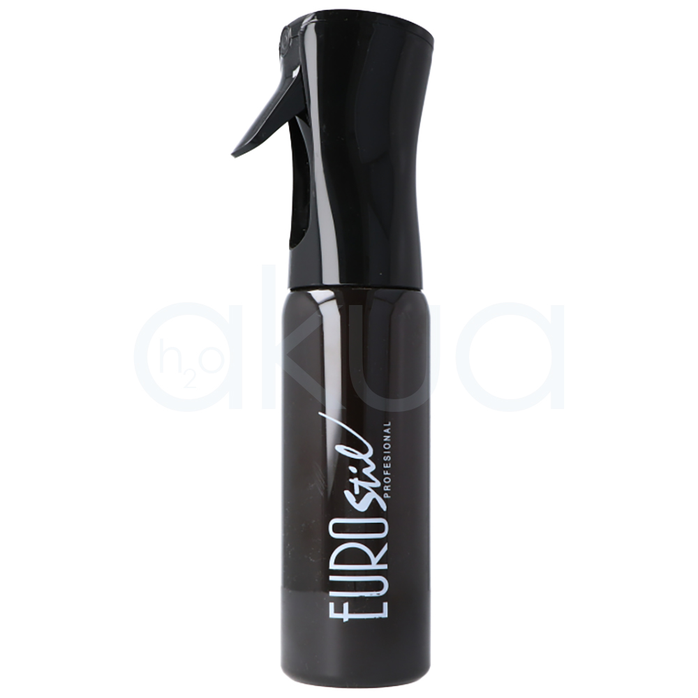 Pulverizador continuo 300ml Eurostil. Pulverizador continuo Eurostil Professional de 300 ml en color negro, presentado sobre fondo blanco. El envase cilíndrico cuenta con un diseño ergonómico de acabado brillante y un pulverizador de gatillo integrado. En la parte frontal destaca el logotipo "Eurostil Professional" en color blanco, ofreciendo una imagen moderna y profesional, ideal para peluquería y barbería. H2o Akua