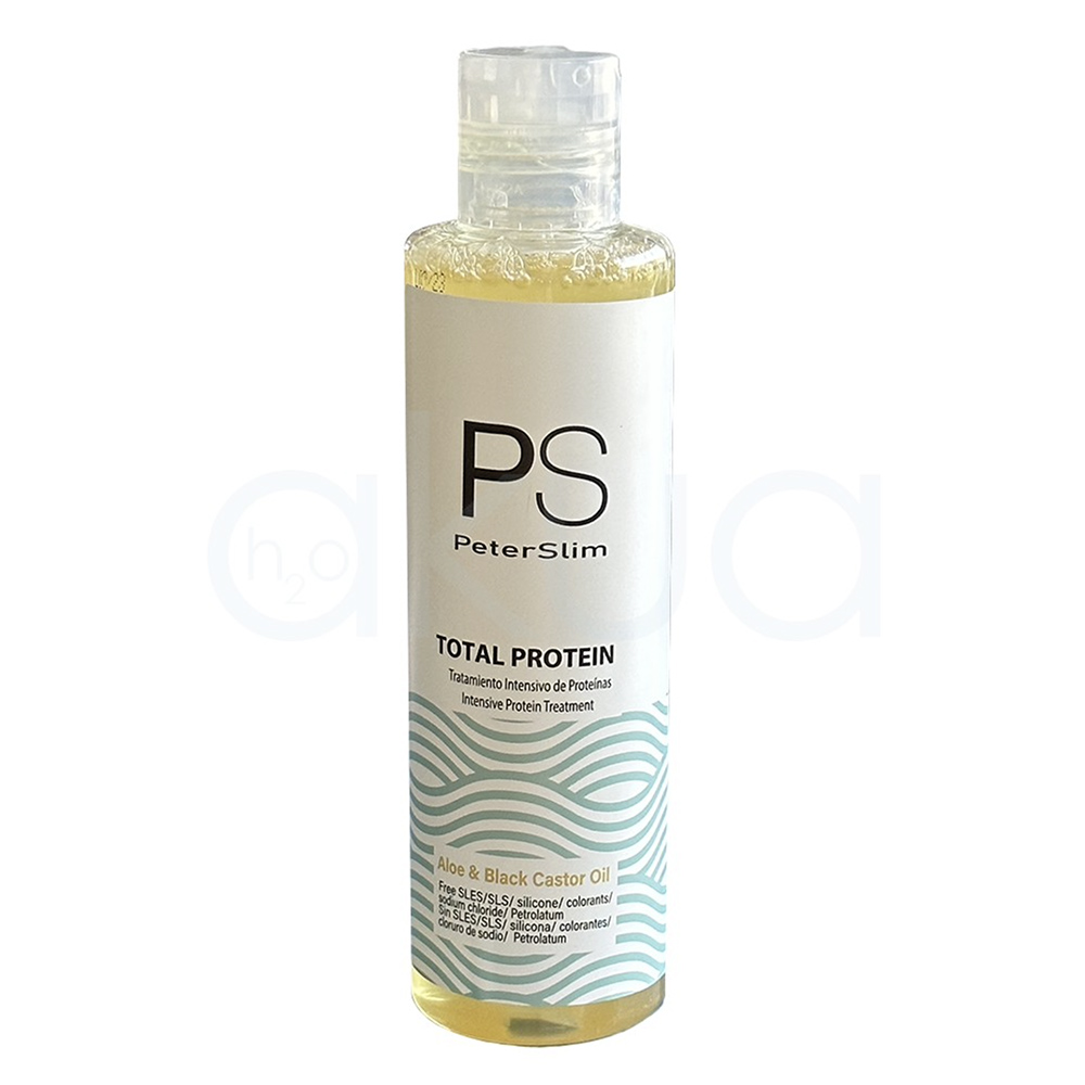 Tratamiento intensivo con proteinas Peter Slim 200ml. Botella cilíndrica transparente de tratamiento capilar PeterSlim Total Protein, con líquido de color amarillo dorado en su interior. Presenta un tapón transparente de rosca y una etiqueta blanca de diseño minimalista. En la parte central destaca el logotipo "PS PeterSlim" en letras negras, seguido del nombre del producto "Total Protein". La zona inferior de la etiqueta muestra un patrón decorativo de ondas en tonos verde agua y turquesa. Orientada al cuidado, nutrición y reparación del cabello. H2o Akua