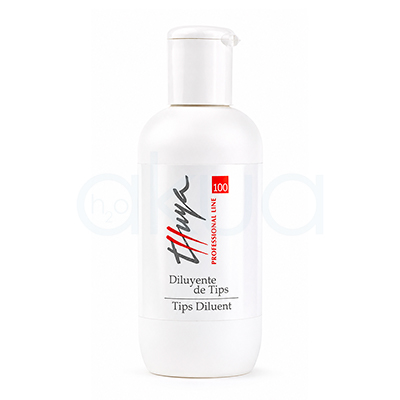 Diluyente de Tips Thuya 100ml. Botella blanca de Diluyente de Tips Thuya Professional Line de 100 ml, con tapón abatible blanco y diseño cilíndrico. La etiqueta muestra el logotipo de Thuya en negro y rojo, un recuadro rojo con el número 100 y el texto "Diluyente de Tips / Tips Diluent". H2o Akua