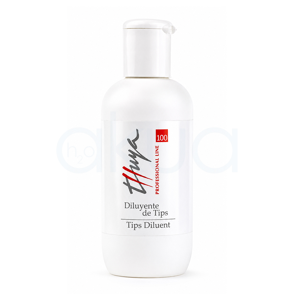 Diluyente de Tips Thuya 100ml. Botella blanca de Diluyente de Tips Thuya Professional Line de 100 ml, con tapón abatible blanco y diseño cilíndrico. La etiqueta muestra el logotipo de Thuya en negro y rojo, un recuadro rojo con el número 100 y el texto "Diluyente de Tips / Tips Diluent". H2o Akua