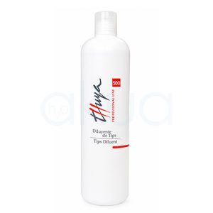 Diluyente de Tips Thuya 500ml. Botella blanca de Diluyente de Tips Thuya Professional Line de 100 ml, con tapón abatible blanco y diseño cilíndrico. La etiqueta muestra el logotipo de Thuya en negro y rojo, un recuadro rojo con el número 500 y el texto "Diluyente de Tips / Tips Diluent". H2o Akua