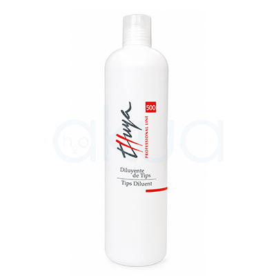 Diluyente de Tips Thuya 500ml. Botella blanca de Diluyente de Tips Thuya Professional Line de 100 ml, con tapón abatible blanco y diseño cilíndrico. La etiqueta muestra el logotipo de Thuya en negro y rojo, un recuadro rojo con el número 500 y el texto "Diluyente de Tips / Tips Diluent". H2o Akua