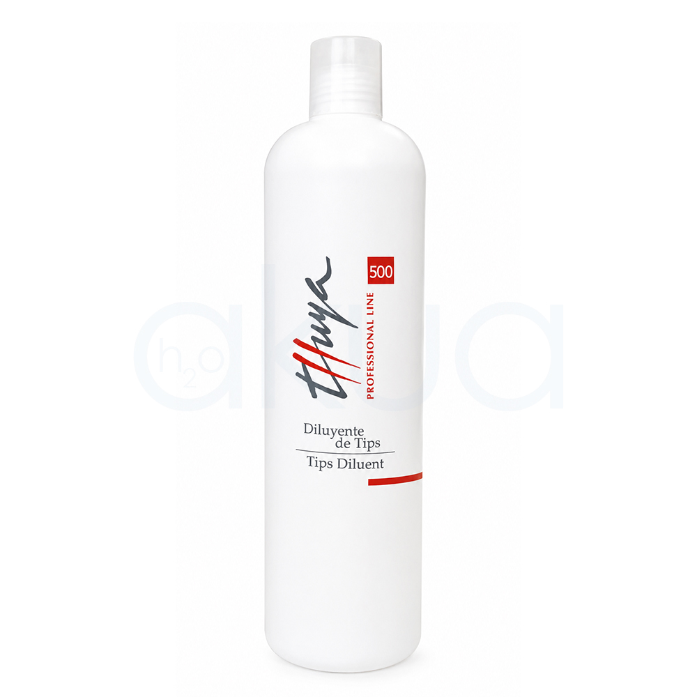 Diluyente de Tips Thuya 500ml. Botella blanca de Diluyente de Tips Thuya Professional Line de 100 ml, con tapón abatible blanco y diseño cilíndrico. La etiqueta muestra el logotipo de Thuya en negro y rojo, un recuadro rojo con el número 500 y el texto "Diluyente de Tips / Tips Diluent". H2o Akua