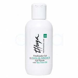 Finalizador Gel con aceite de Arbol de té Thuya 100ml. Botella blanca de Finalizador Gel Thuya Professional Line de 100 ml con aceite de árbol de té. El envase es de plástico con tapón abatible blanco y diseño cilíndrico. En la etiqueta destaca el logotipo de Thuya en negro, el número 100 en un recuadro verde y el texto "Finalizador Gel con Aceite de Árbol de Té / Gel Finish with Tea Tree Oil". H2o Akua