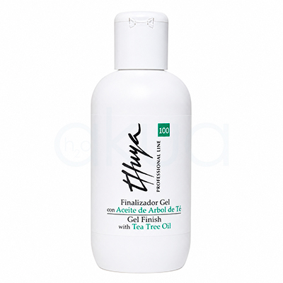 Finalizador Gel con aceite de Arbol de té Thuya 100ml. Botella blanca de Finalizador Gel Thuya Professional Line de 100 ml con aceite de árbol de té. El envase es de plástico con tapón abatible blanco y diseño cilíndrico. En la etiqueta destaca el logotipo de Thuya en negro, el número 100 en un recuadro verde y el texto "Finalizador Gel con Aceite de Árbol de Té / Gel Finish with Tea Tree Oil". H2o Akua