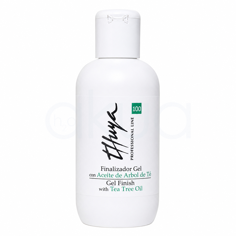 Finalizador Gel con aceite de Arbol de té Thuya 100ml. Botella blanca de Finalizador Gel Thuya Professional Line de 100 ml con aceite de árbol de té. El envase es de plástico con tapón abatible blanco y diseño cilíndrico. En la etiqueta destaca el logotipo de Thuya en negro, el número 100 en un recuadro verde y el texto "Finalizador Gel con Aceite de Árbol de Té / Gel Finish with Tea Tree Oil". H2o Akua