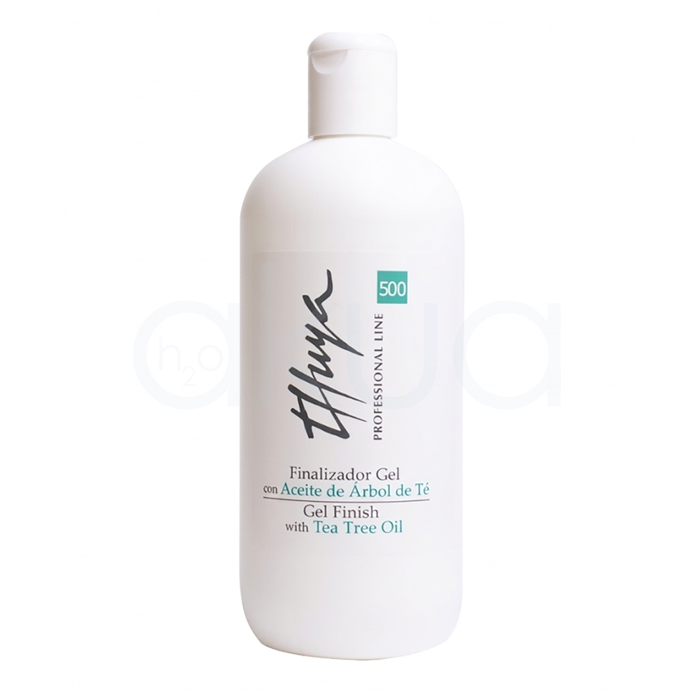 Finalizador Gel con aceite de Arbol de té Thuya 500ml. Botella blanca de Finalizador Gel Thuya Professional Line de 500 ml con aceite de árbol de té. El envase es de plástico con tapón abatible blanco y diseño cilíndrico. En la etiqueta destaca el logotipo de Thuya en negro, el número 500 en un recuadro verde y el texto "Finalizador Gel con Aceite de Árbol de Té / Gel Finish with Tea Tree Oil". H2o Akua