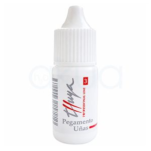 Pegamento de uñas Thuya 3gr. Frasco blanco de pegamento para uñas Thuya Professional Line de 3 g, con diseño cilíndrico y tapón alargado blanco. La etiqueta muestra el logotipo de Thuya en negro y rojo, el número 3 en un recuadro rojo y la inscripción "Pegamento Uñas / Nail Glue". H2o Akua