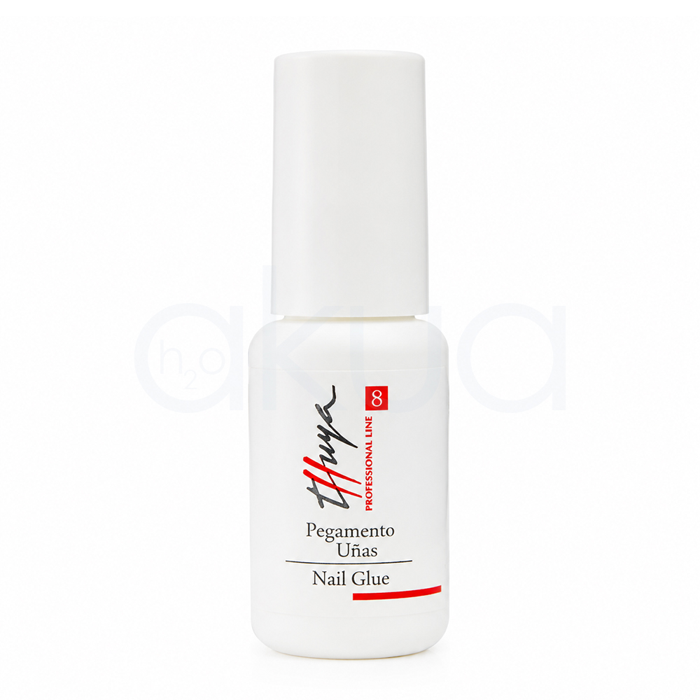 Pegamento de uñas Thuya 8gr. Frasco blanco de pegamento para uñas Thuya Professional Line de 8 g, con diseño cilíndrico y tapón alargado blanco. La etiqueta muestra el logotipo de Thuya en negro y rojo, el número 8 en un recuadro rojo y la inscripción "Pegamento Uñas / Nail Glue". H2o Akua