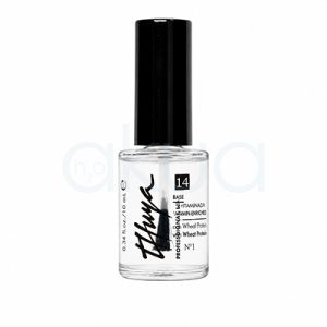 Preparador de la uña artificial Thuya 14ml. Frasco transparente de 14 ml de preparador para uñas artificiales Thuya Professional Line. El envase es de vidrio con líquido transparente y tapón negro cilíndrico. En la etiqueta aparece el logotipo de Thuya en negro, el número 14 y el texto "Base Vitaminada / Vitamin-Enriched" con referencia a proteínas de trigo. H2o Akua