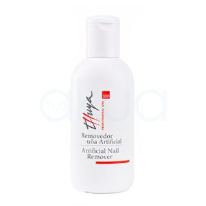Removedor uña artificial Thuya 100ml. Envase cilíndrico de plástico blanco translúcido con tapón de rosca blanco. En la parte frontal aparece el logotipo de Thuya Professional Line en color negro y rojo, junto al número 100 en un recuadro rojo. Debajo se lee el texto "Removedor Uña Artificial / Artificial Nail Remover". H2o Akua