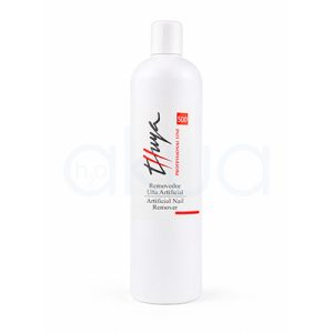 Removedor uña artificial Thuya 500ml. Envase cilíndrico de plástico blanco translúcido con tapón de rosca blanco. En la parte frontal aparece el logotipo de Thuya Professional Line en color negro y rojo, junto al número 500 en un recuadro rojo. Debajo se lee el texto "Removedor Uña Artificial / Artificial Nail Remover". H2o Akua