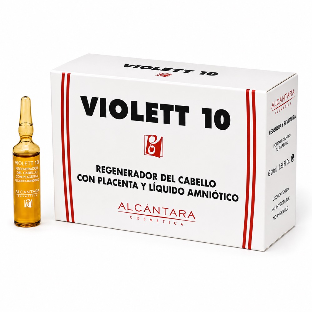 Ampollas Regeneradoras para el Cabello Violett 10 Alcántara – 24 Unidades. Caja expositora abierta de Violett 10 de Alcántara Cosmética sobre fondo blanco, con 24 ampollas de cristal color ámbar colocadas en varias filas en su interior. El envase es blanco, con líneas rojas y el nombre “VIOLETT 10” en grandes letras negras. En la parte frontal y trasera se lee “Regenerador del cabello con placenta y líquido amniótico” y aparece el logotipo de Alcántara Cosmética. A la izquierda de la caja se muestra una ampolla individual para apreciar mejor el formato del producto.