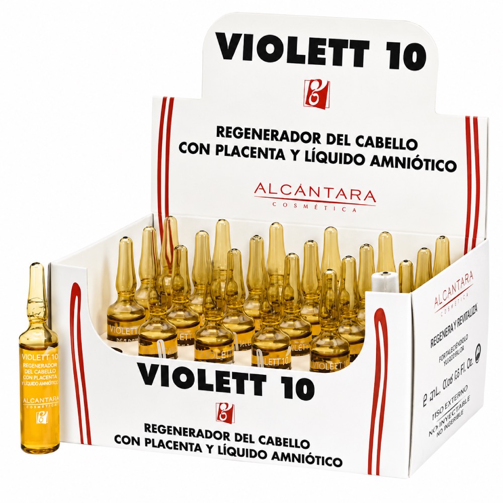 Ampollas Regeneradoras para el Cabello Violett 10 Alcántara – 24 Unidades. Caja expositora abierta de Violett 10 de Alcántara Cosmética sobre fondo blanco, con 24 ampollas de cristal color ámbar colocadas en varias filas en su interior. El envase es blanco, con líneas rojas y el nombre “VIOLETT 10” en grandes letras negras. En la parte frontal y trasera se lee “Regenerador del cabello con placenta y líquido amniótico” y aparece el logotipo de Alcántara Cosmética. A la izquierda de la caja se muestra una ampolla individual para apreciar mejor el formato del producto.