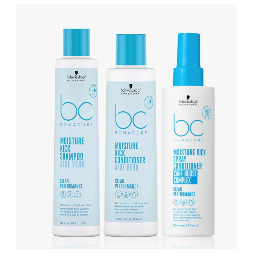 Lotes Schwarzkopf Profesional Bonacure Cuidado Capilar. Lotes de productos capilares Schwarzkopf Professional BC Bonacure sobre fondo blanco. Incluyen las gamas Moisture Kick en azul, para hidratar el cabello; Sun Protect en tonos coral, para el cuidado y protección frente al sol; y Color Freeze en blanco y morado, para el cuidado del cabello teñido. H2o Akua