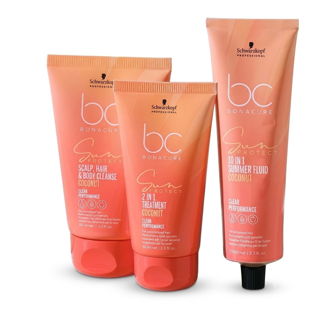 Lotes Schwarzkopf Profesional Bonacure Cuidado Capilar. Lotes de productos capilares Schwarzkopf Professional BC Bonacure sobre fondo blanco. Incluyen las gamas Moisture Kick en azul, para hidratar el cabello; Sun Protect en tonos coral, para el cuidado y protección frente al sol; y Color Freeze en blanco y morado, para el cuidado del cabello teñido. H2o Akua