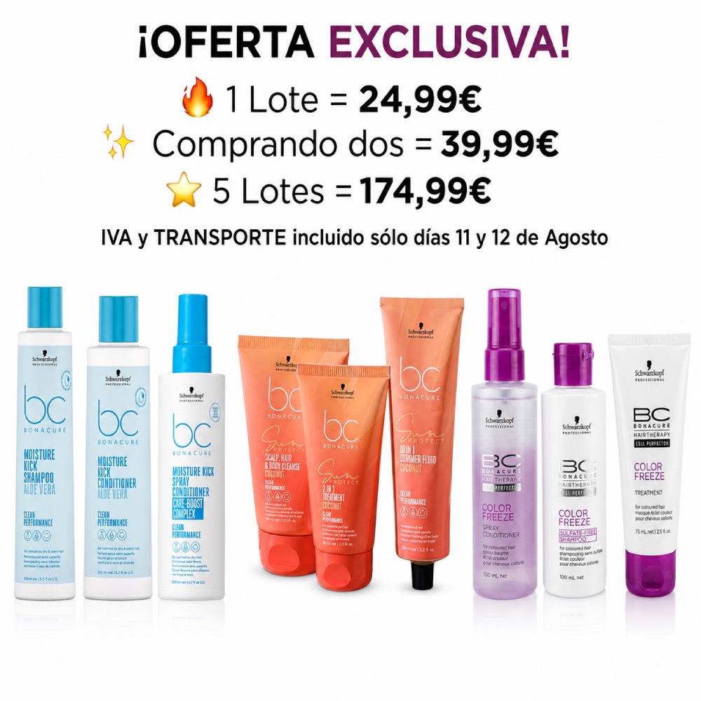 Lotes Schwarzkopf Profesional Bonacure Cuidado Capilar. Lotes de productos capilares Schwarzkopf Professional BC Bonacure sobre fondo blanco. Incluyen las gamas Moisture Kick en azul, para hidratar el cabello; Sun Protect en tonos coral, para el cuidado y protección frente al sol; y Color Freeze en blanco y morado, para el cuidado del cabello teñido. H2o Akua