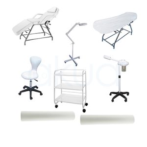 Pack 4 de estetica H2oAkua. Conjunto de equipamiento profesional para estética y masajes. Incluye una camilla blanca de tres cuerpos, un carrito auxiliar de tres estantes, una lupa estética de 5 aumentos con pie en cruz, un vaporizador de ozono y aromaterapia de pie, un taburete blanco con respaldo, dos rollos de papel camilla y fundas desechables.
