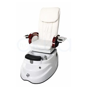 Sillon pedicura Spa 07341. Sillón de pedicura Spa profesional de color blanco con base integrada y bañera para pies. Presenta un respaldo alto acolchado con cabezal, apoyabrazos de madera rojiza curvada con repisas laterales abatibles y portavasos. La base blanca acrílica incluye una bañera con grifo cromado y un reposapiés superior acolchado en color negro. H2o Akua